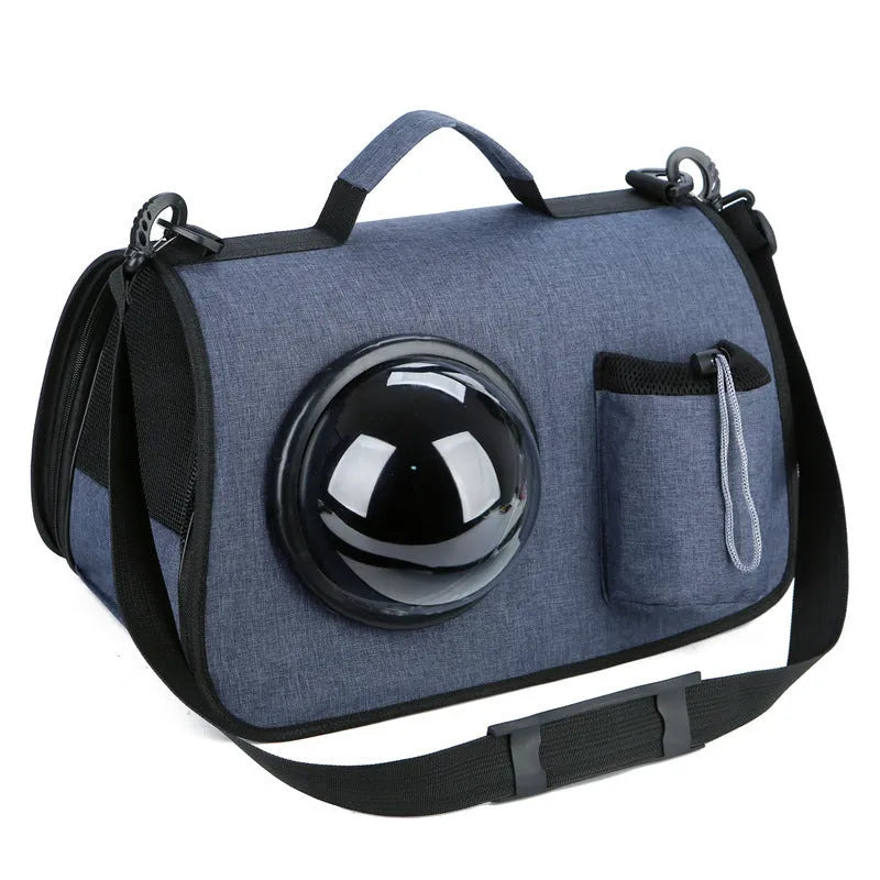 Portable cat bag in Oxford fabric, crossbody pet carrier with 13kg capacity, cup lid colour options.