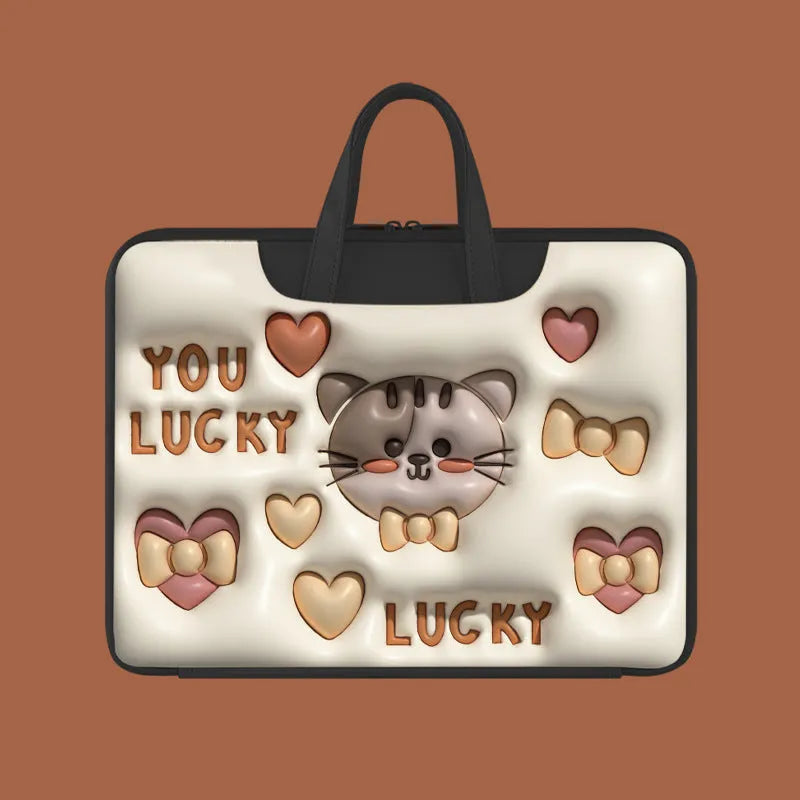 Inflatable laptop bag with PU leather lining and character design hanging from suitcase