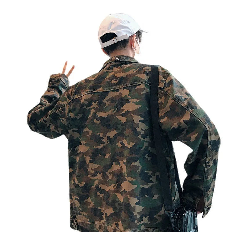 Men's camouflage denim jacket in cotton cowboy fabric, shown as a front view coat