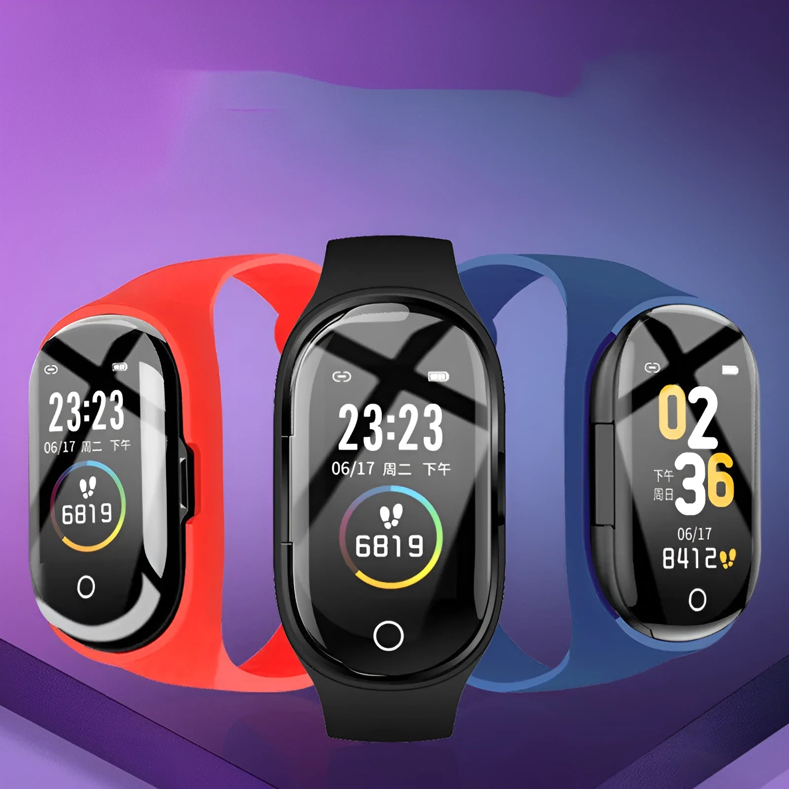 Blue silicone smart bracelet with integrated earphones and a 1-inch screen for fitness tracking