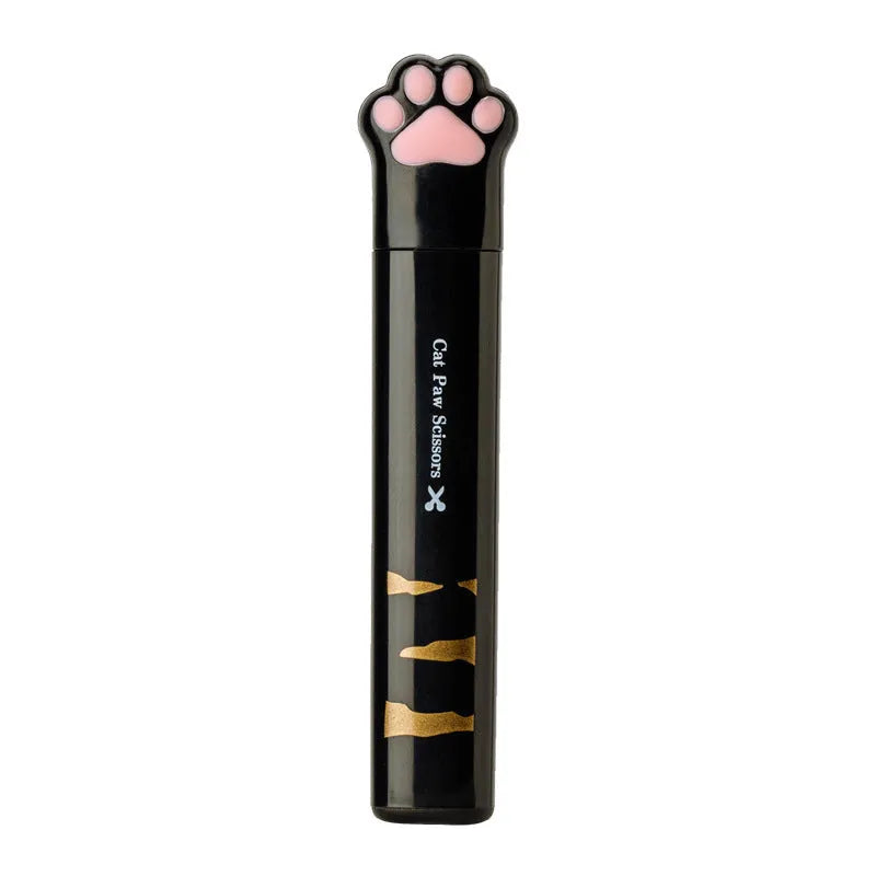 Cat paw mini folding scissors in four colours: black, blue, pink, and white on a white background.
