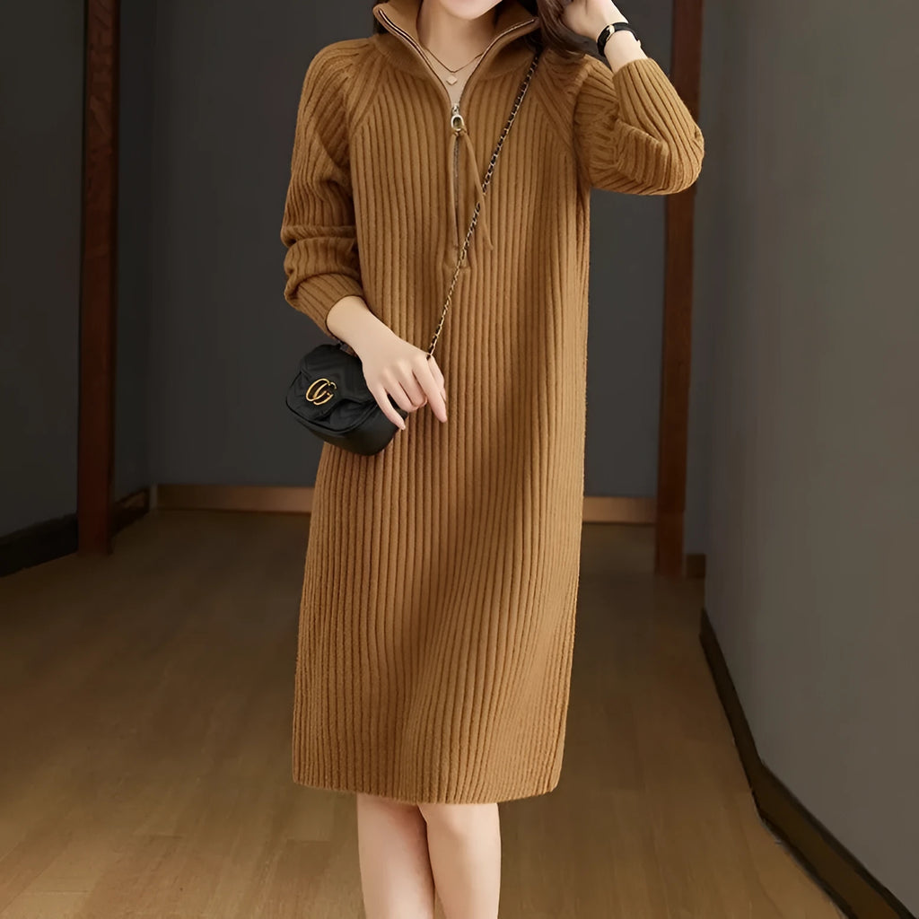 Beige woolen straight dress skirt with half zipper and stand collar, Japanese Korean casual style
