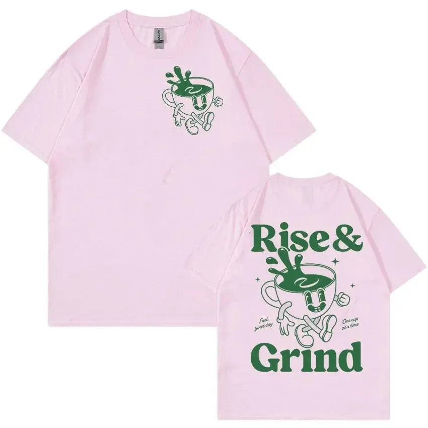 Men's loose fit linen blend t-shirt with Rise And Grind green coffee cartoon print design