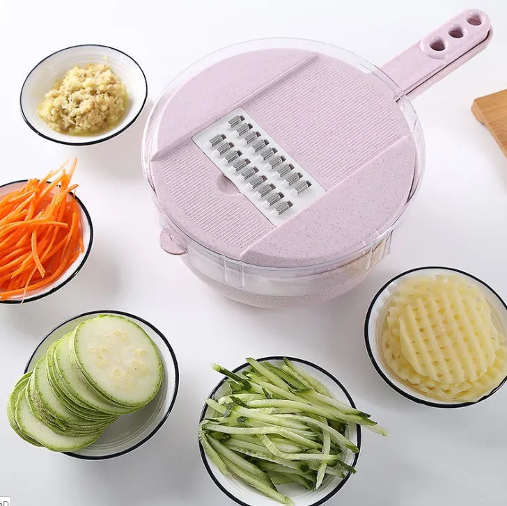 8-in-1 mandoline slicer with stainless steel blades, container, drain basket, and hand protector in blue