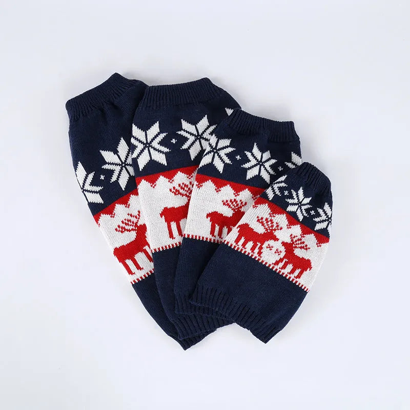 Navy blue knitted Christmas sweater for a dog, shown in a European American fitted style.