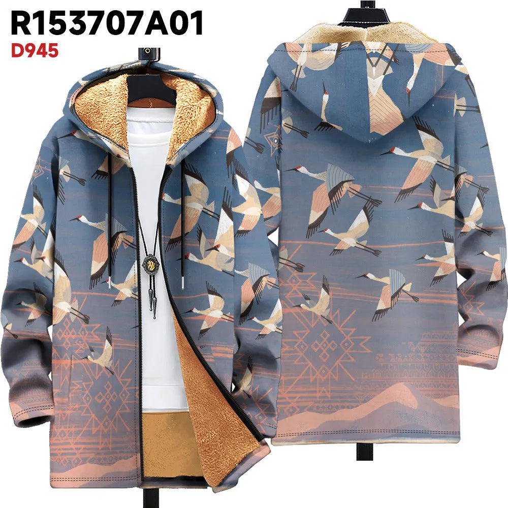 Men's loose fit zipper hooded cardigan with digital print pattern in multiple colour options