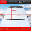 Large aluminium foil winter car cover with reflective stripes and magnets for SUV frost protection.