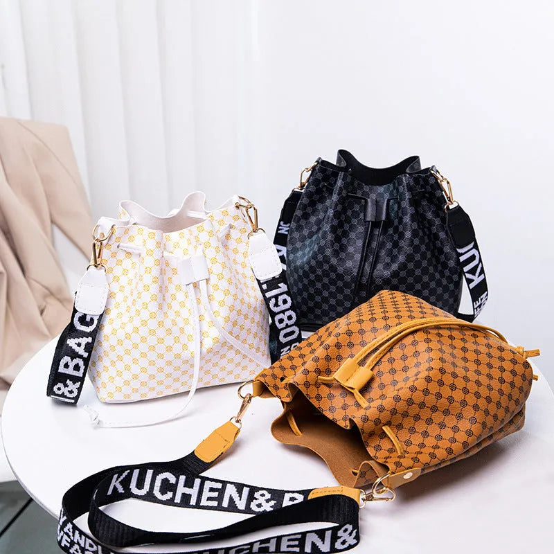 Printed PU bucket bag multi-layer soft leather women's crossbody shoulder bag brown front view
