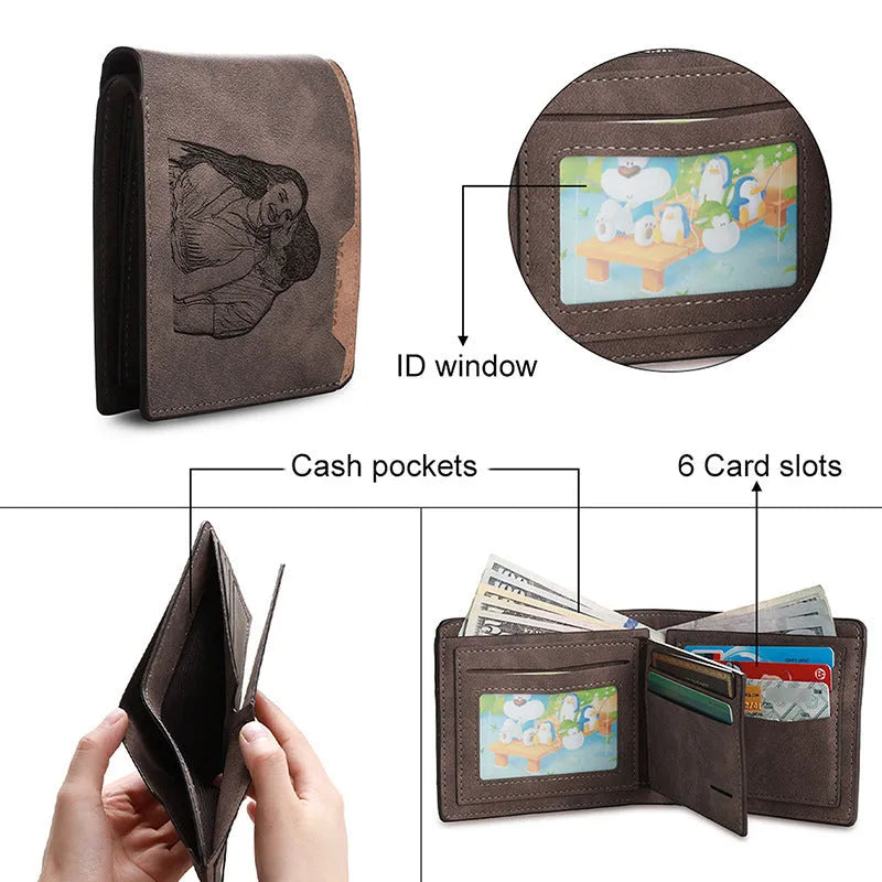 Engraved horizontal short wallet in coffee PU leather with custom photo engraving.