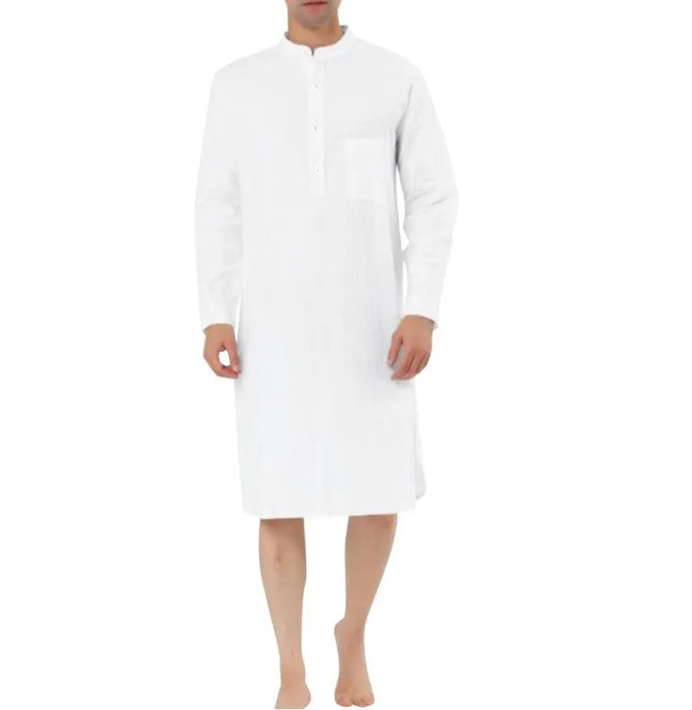 Men's cotton shirt robe with multiple pockets shown in available colours with shirt-style closure