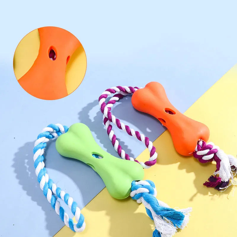 Green porous bone-shaped rope knot dog toy for chewing and holding treats.