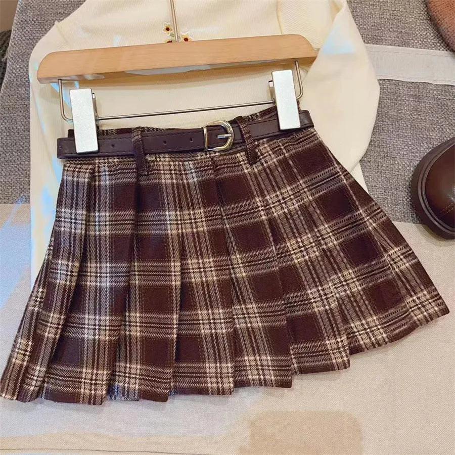 Girls' plaid pleated A-line skirt in cotton blend fabric for heights 90cm to 140cm