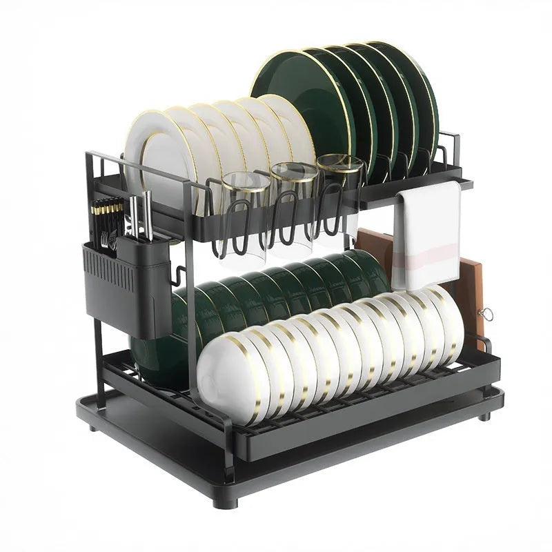 Modern white and black double-tier kitchen storage rack for draining utensils.