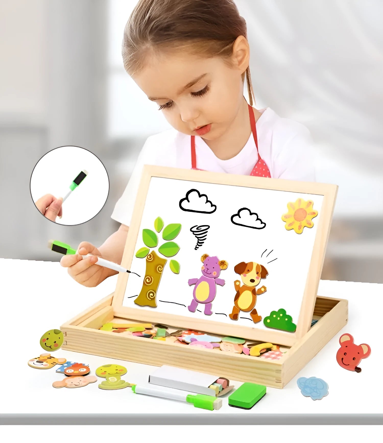 Wooden magnetic puzzle board with animal and circus theme pieces for children's educational play