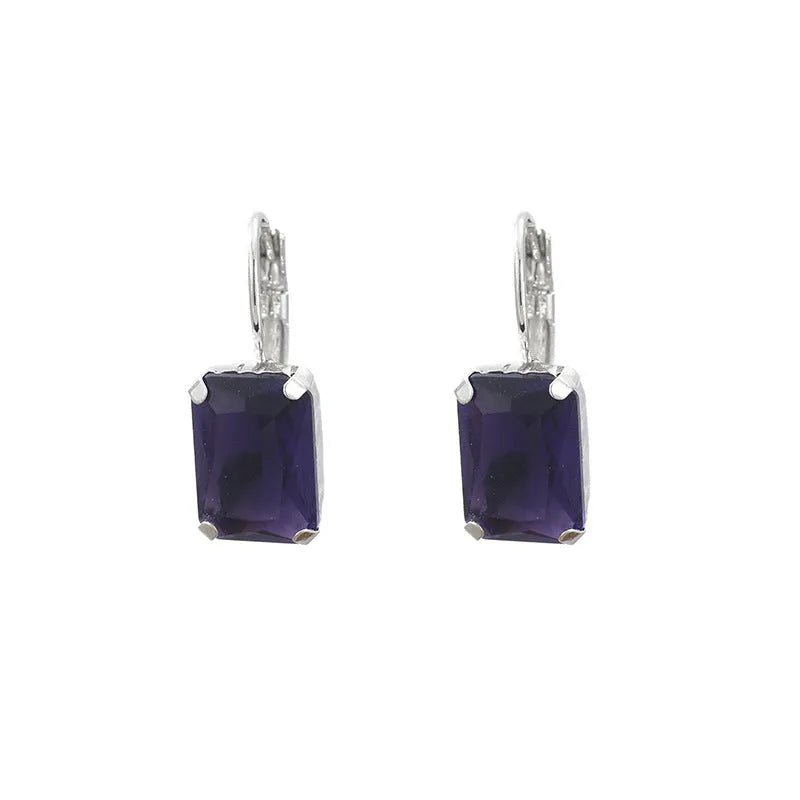 Square crystal drop earrings made from copper in purple, red, or yellow colours measuring 25mm by 10mm