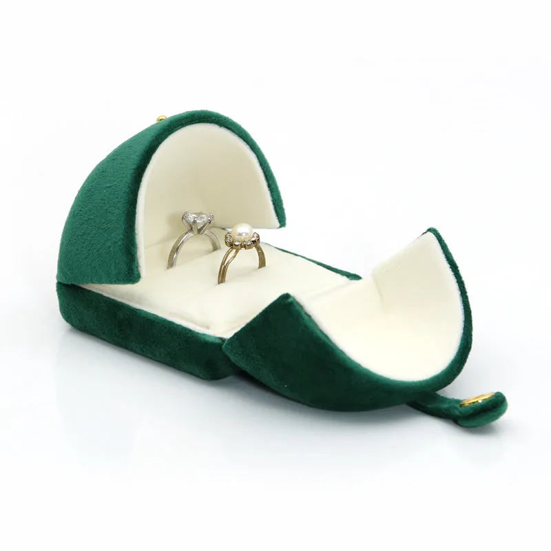 Dark green super soft flannel double ring box with gold plating, peacock green colour, open with rings inside
