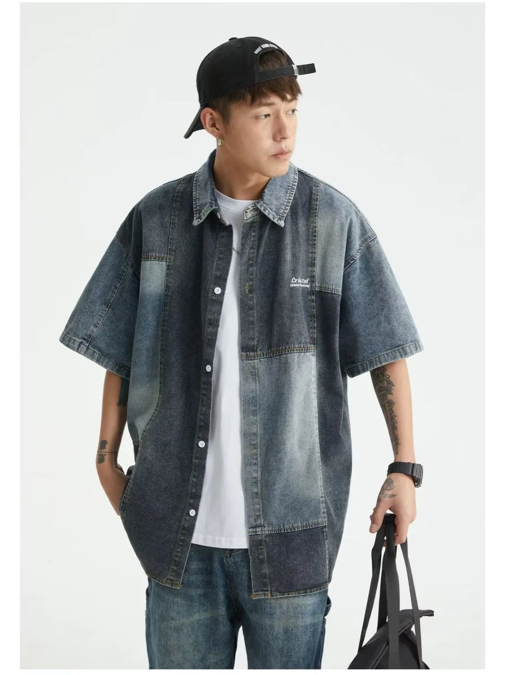 Blue men's loose-fit denim shirt with Japanese retro washed stitching, shown open in a cardigan style.