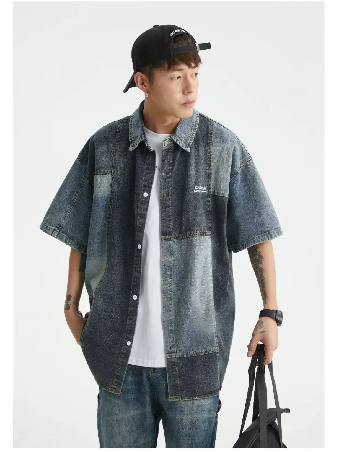 Blue men's loose-fit denim shirt with Japanese retro washed stitching, shown open in a cardigan style.
