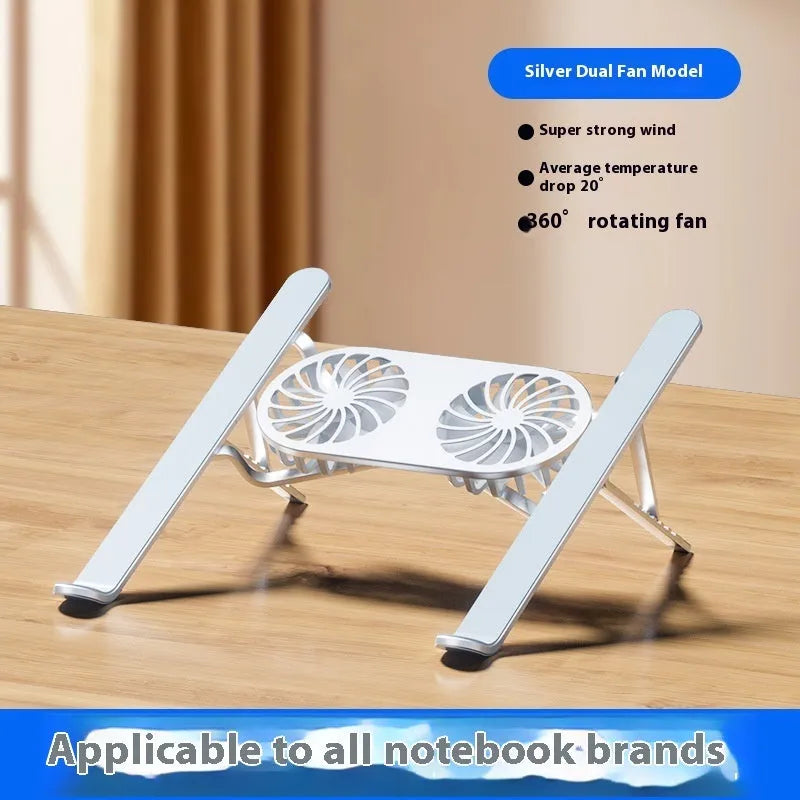 Silver aluminium laptop cooling stand with twin fans and adjustable height mechanism folded for storage