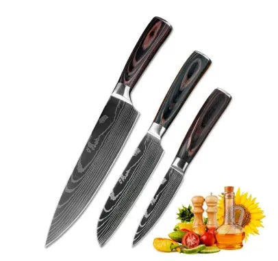 7Cr17 stainless steel kitchen knife with Damascus pattern blade and coloured wood handle on a cutting board.