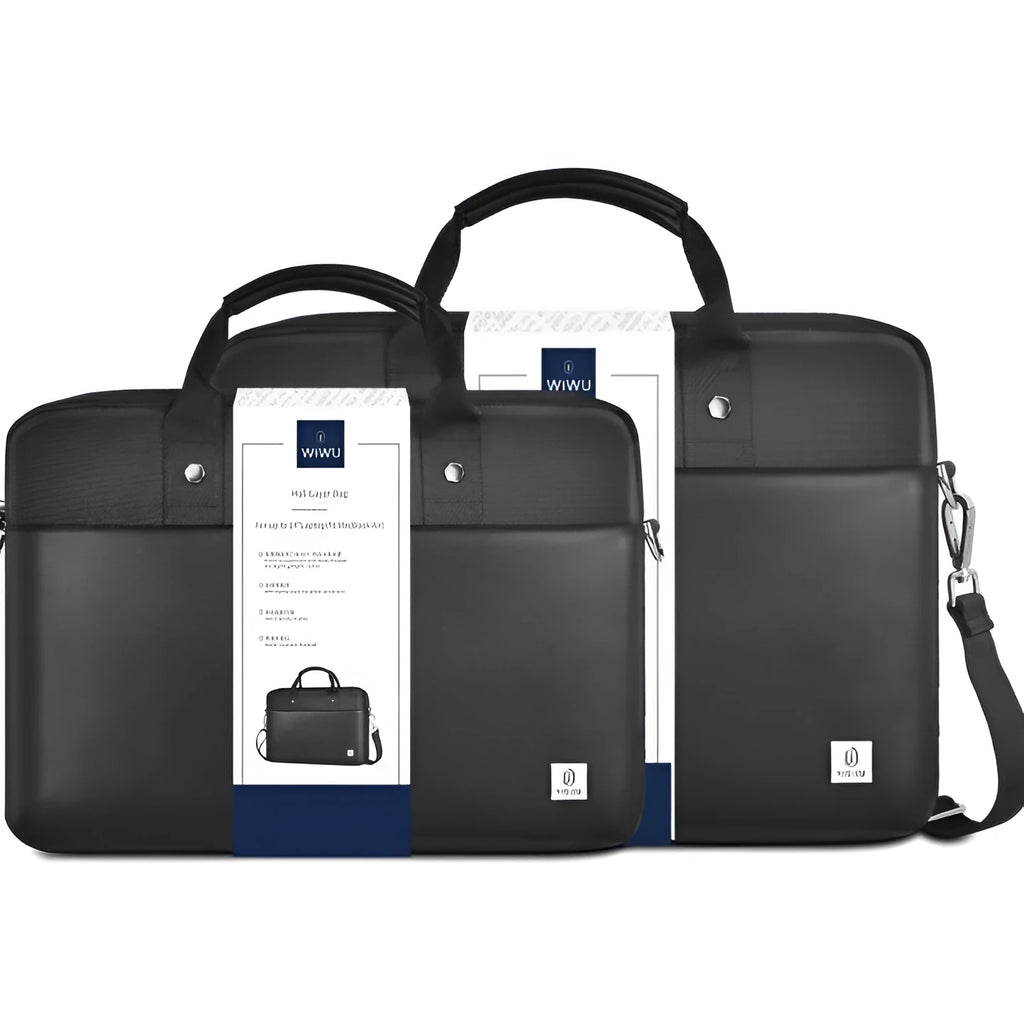 Black Oxford cloth laptop handbag with multiple compartments shown open, displaying organised storage for a 15.6-inch computer.