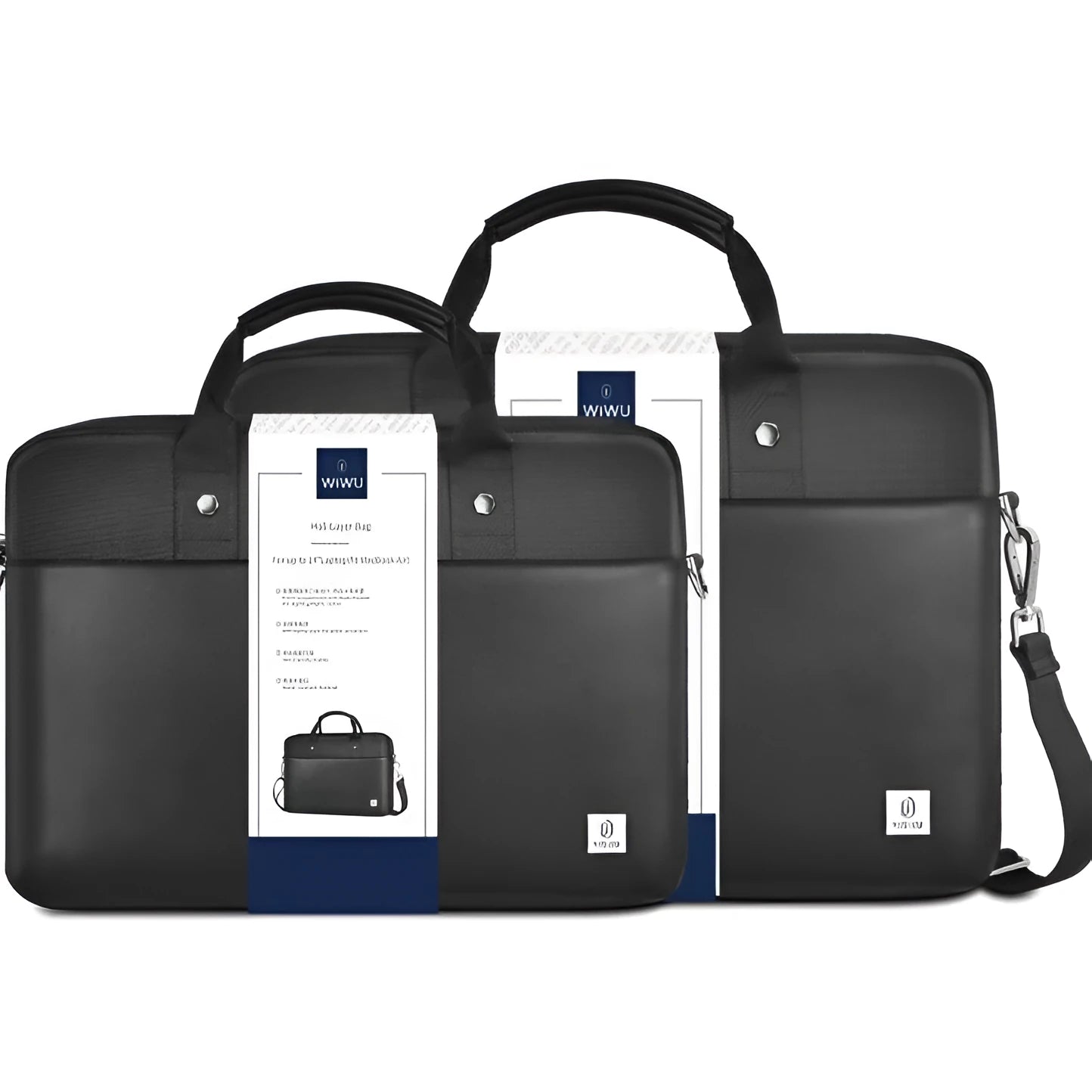 Black Oxford cloth laptop handbag with multiple compartments shown open, displaying organised storage for a 15.6-inch computer.