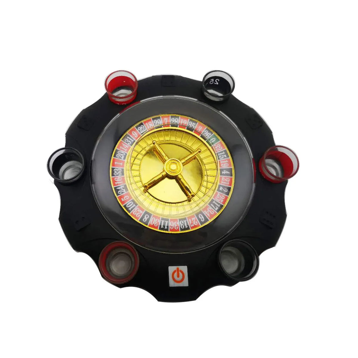 Electric roulette drinking game set with acrylic turntable, two steel balls and six red and black numbered shot glasses