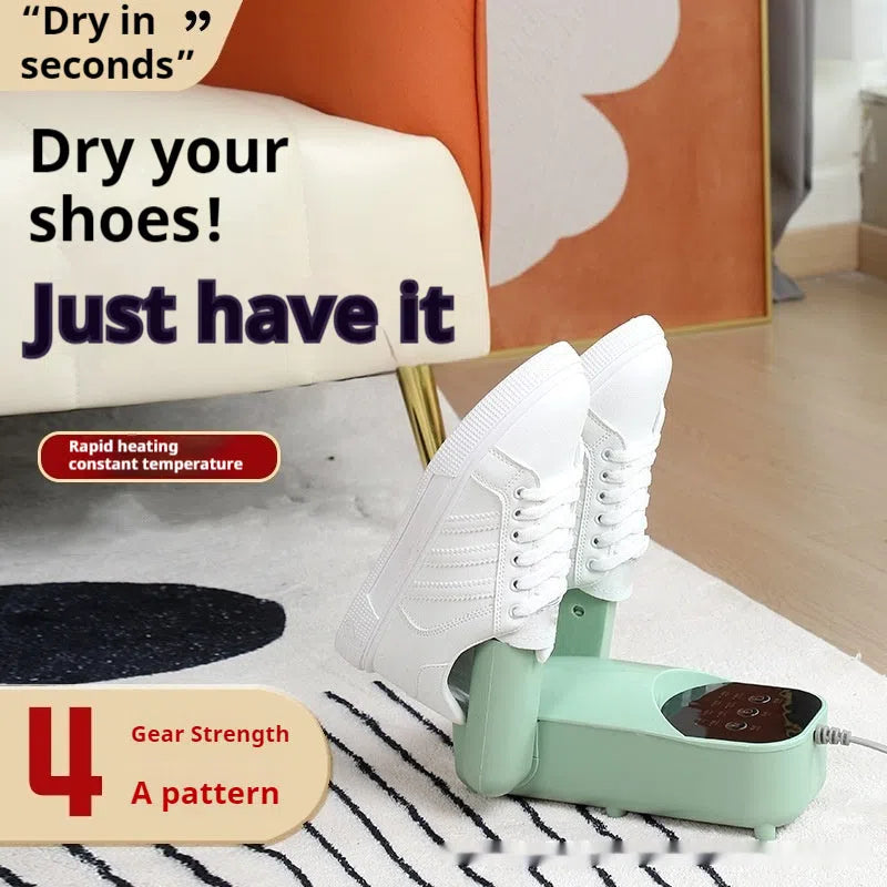 Smart shoe dryer in white and green colours with UV sterilisation feature for drying and deodorising footwear
