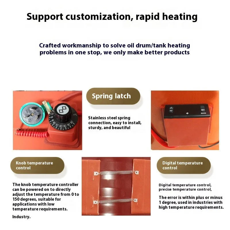 Silicone rubber heating belt wrapped around 200-litre oil drum with digital temperature controller