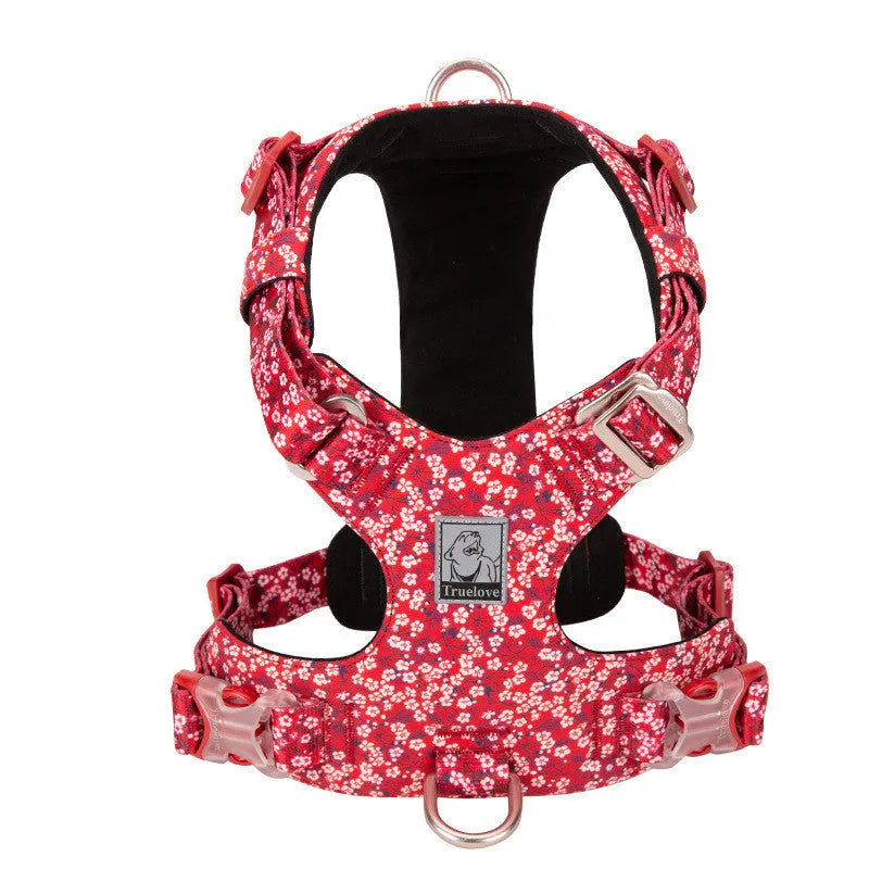 Pure cotton pet harness with floral pattern and chest attachment straps for dog walking control