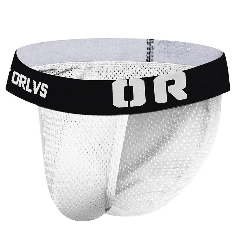 Men's mesh nylon low-waist briefs in blue with hip lifting and shaping function