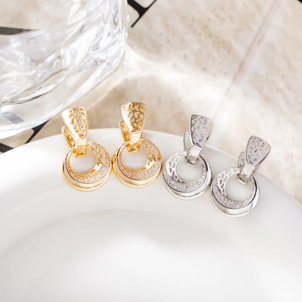 Hollow round moon drop earrings with natural zircon inlay, gold and silver copper finish for women