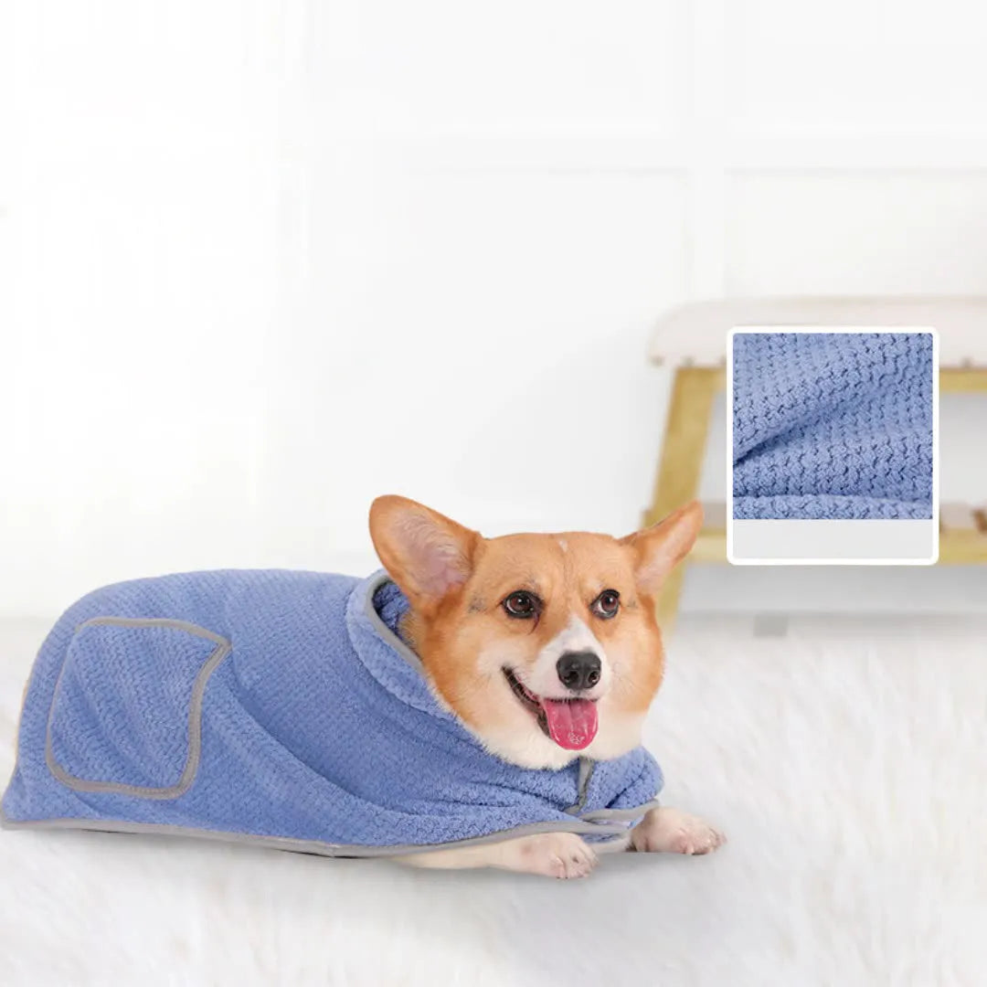 Blue dog bath robe towel with adjustable waistband on a medium-sized dog after a bath