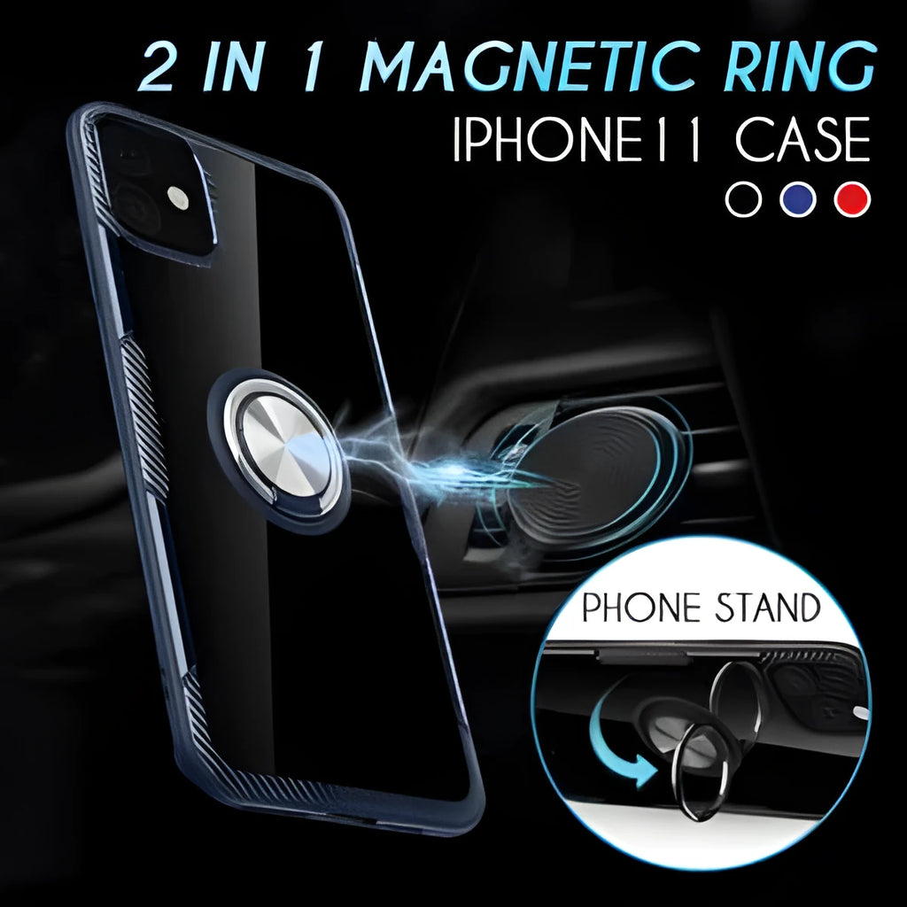 Black PU iPhone case with integrated car holder for iPhone 11 Pro Max shown from the back.