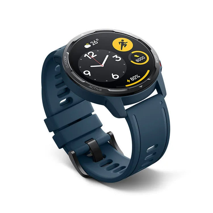 Dual Band GPS smart watch with a 1.43-inch screen on a silicone strap, shown in black, white, and blue colour options.