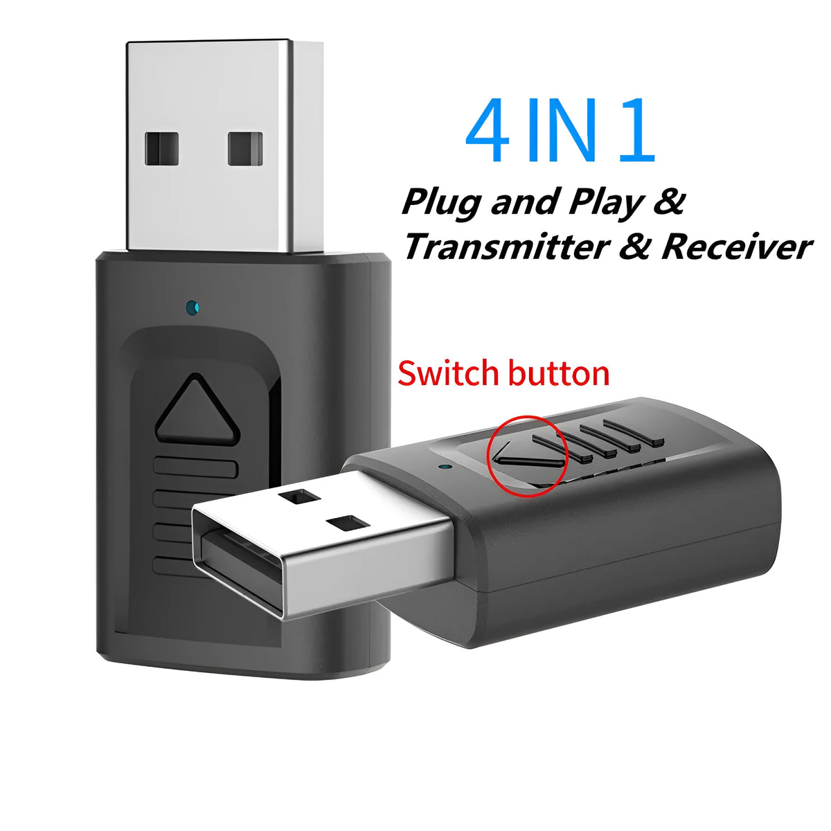 Black Bluetooth 5.0 audio transmitter receiver M135 with USB and aux cable on wooden desk