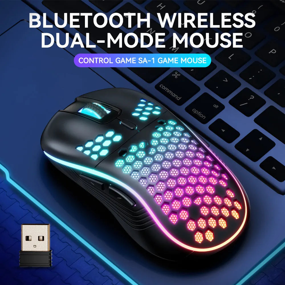 SA-1 black honeycomb shell RGB wireless gaming mouse with scroll wheel and seven buttons