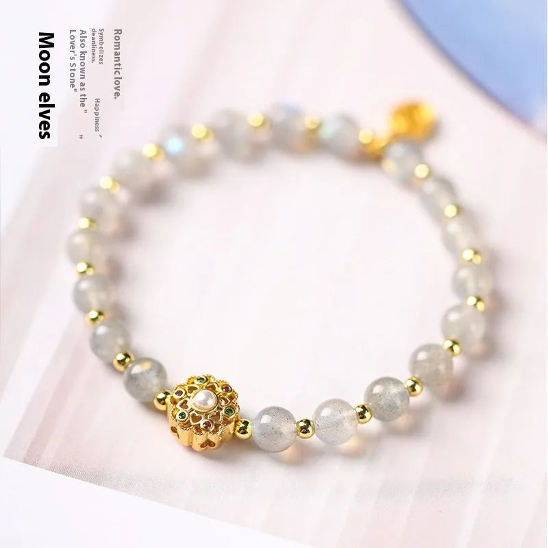 Gray moonstone fairy lucky bracelet with hand-woven crystal beads in pastoral style
