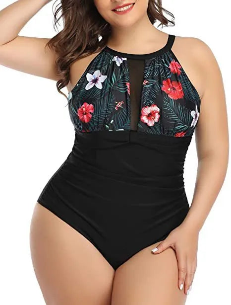 Women's black, striped, and red flower one-piece polyester swimsuit on hanger, sizes L to 4XL