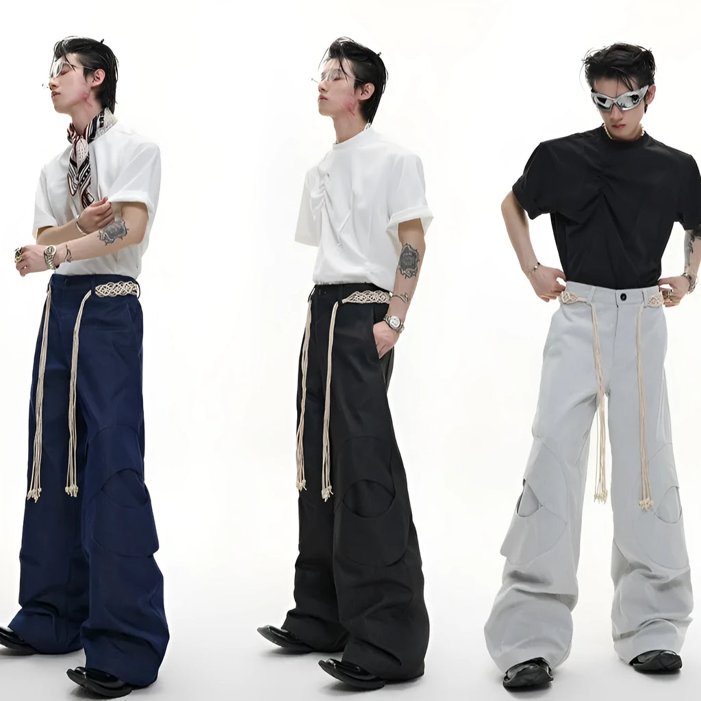 Men's dark blue straight-leg cotton jeans with heavy 3D belt stitching and zip decoration.