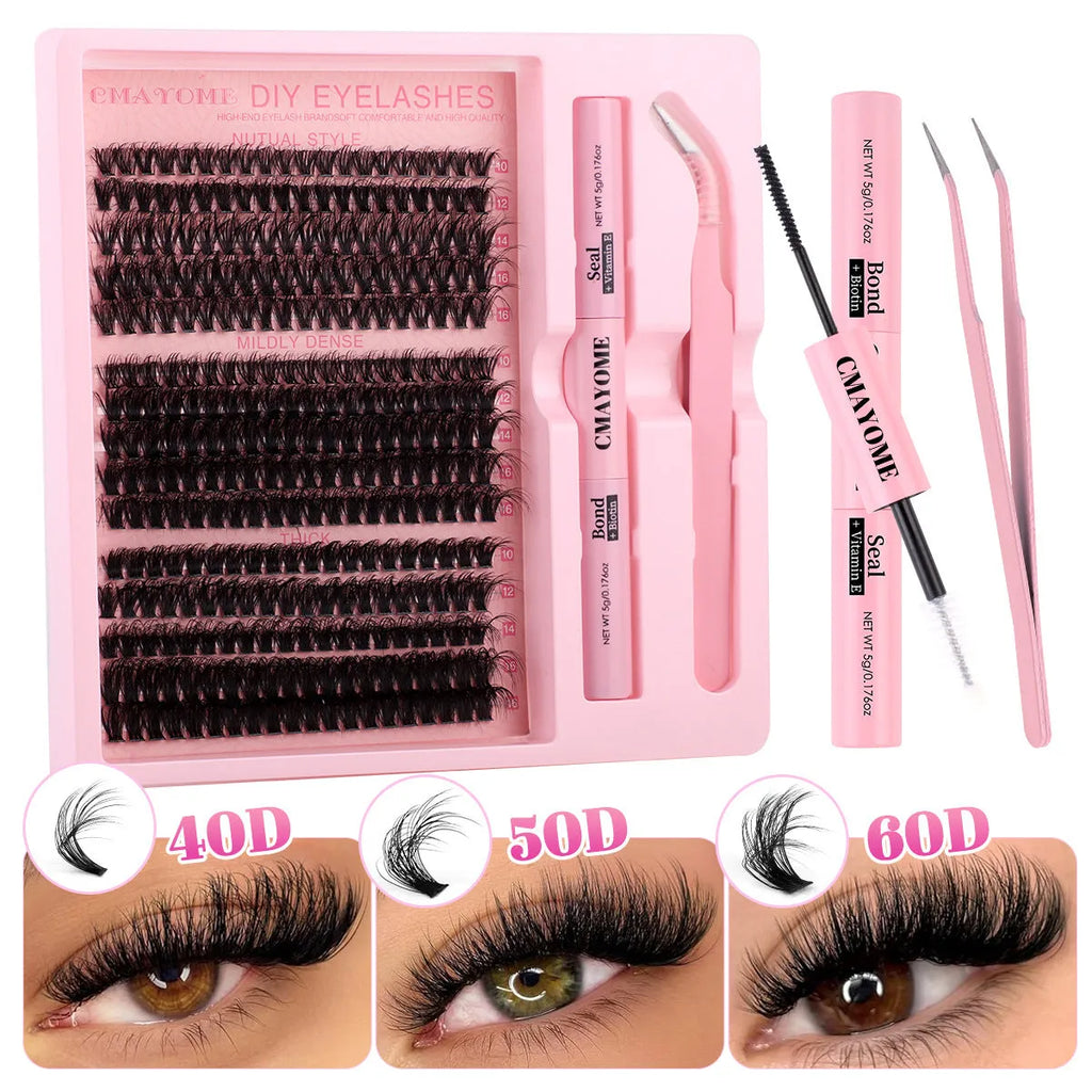 DIY false eyelash extension cluster set with application tweezers for home beauty