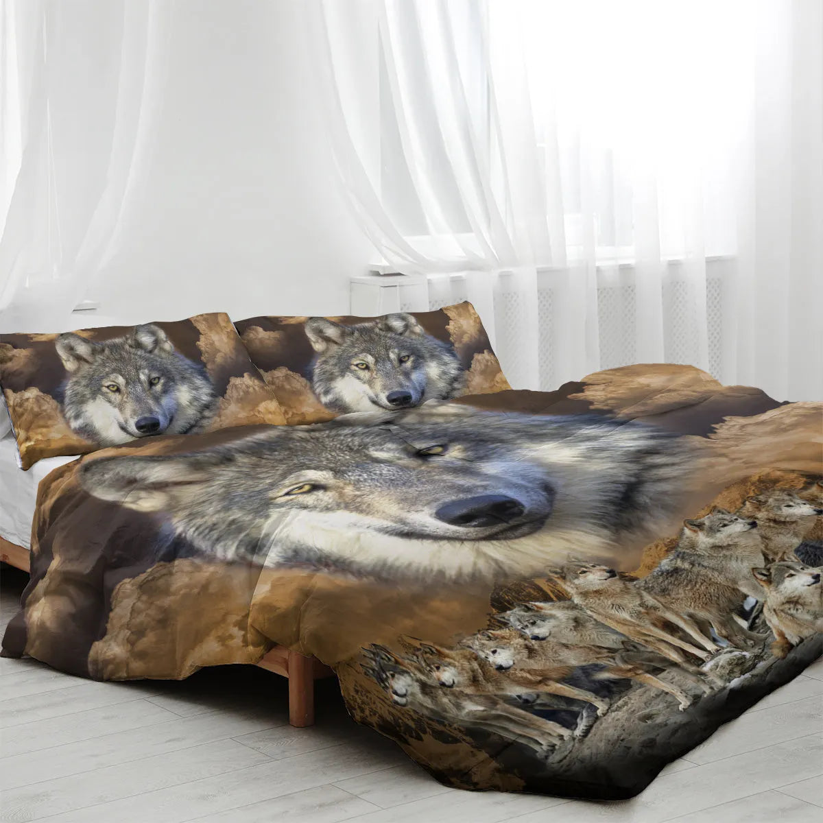 3 piece Wolf Pack duvet set in brown with 3D printed wolf design, microfiber comforter and two pillow shams