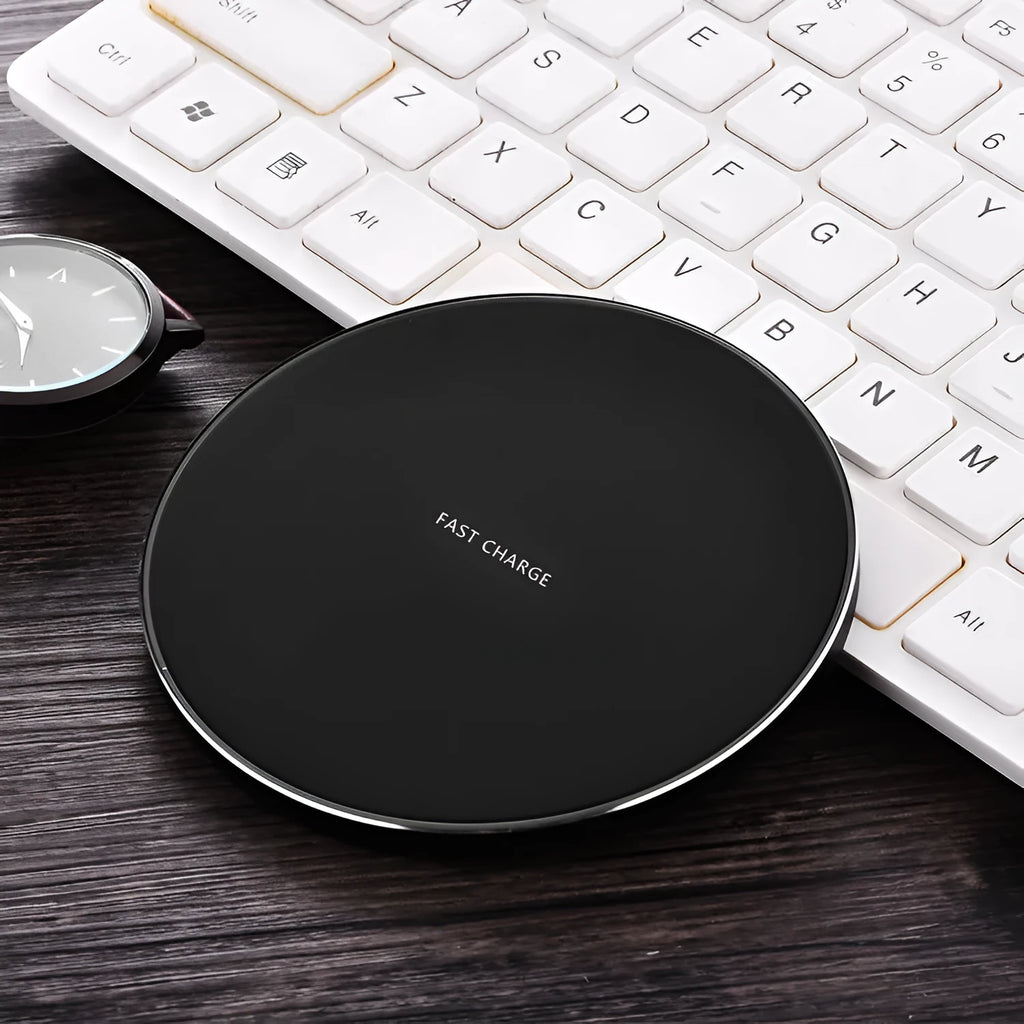 Ultra-thin 98mm square wireless charging pad in black, red, white, and yellow colour options