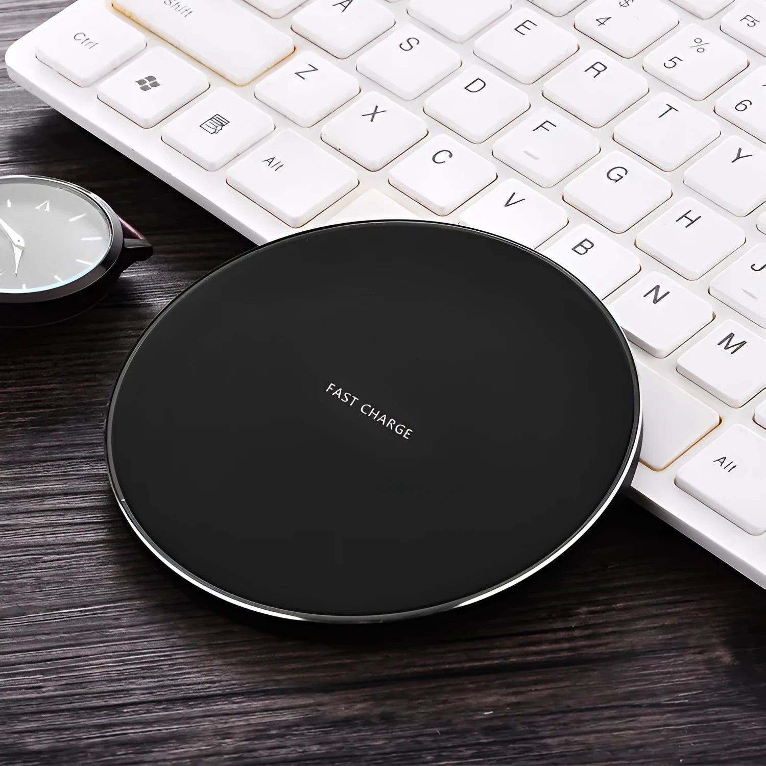 Ultra-thin 98mm square wireless charging pad in black, red, white, and yellow colour options