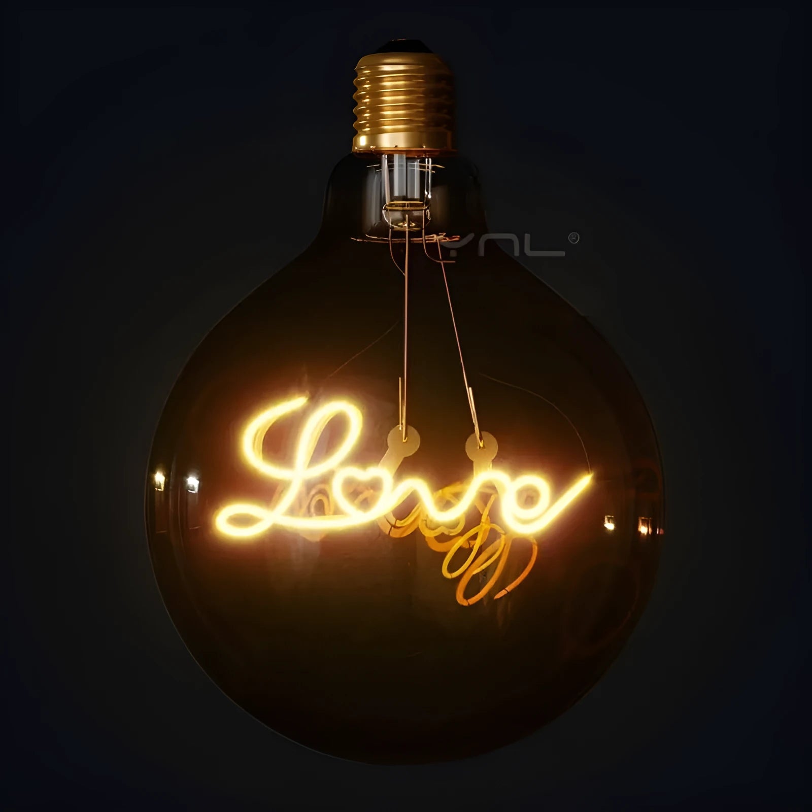 Yellow LOVE letter lamp with glass lampshade emitting warm light, 125x175mm on a tabletop