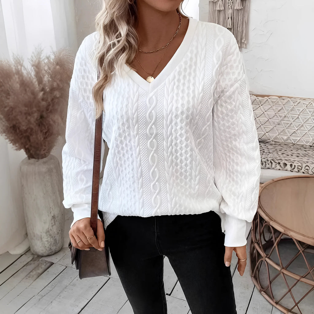 Milky white loose long sleeve T-shirt with 3D pattern in Japanese Korean casual style