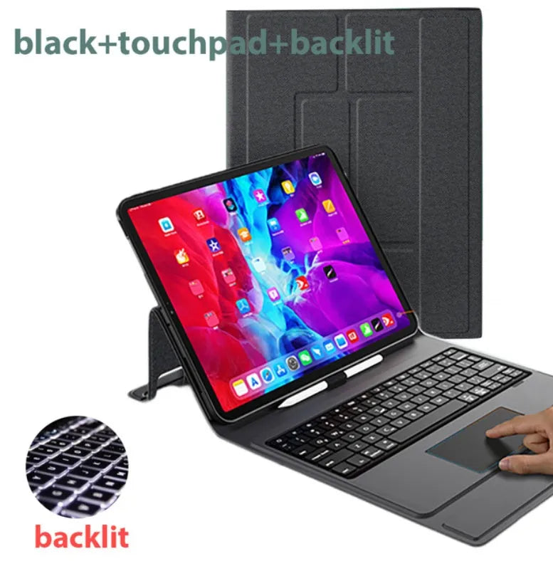 Black Bluetooth keyboard protector with integrated touch panel for iPad, side angle view