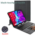Black Bluetooth keyboard protector with integrated touch panel for iPad, side angle view