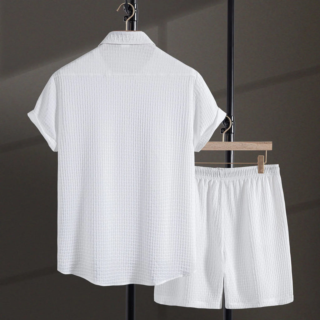 Men's casual short sleeve flower shirt and matching shorts in a white or black cotton blend set.