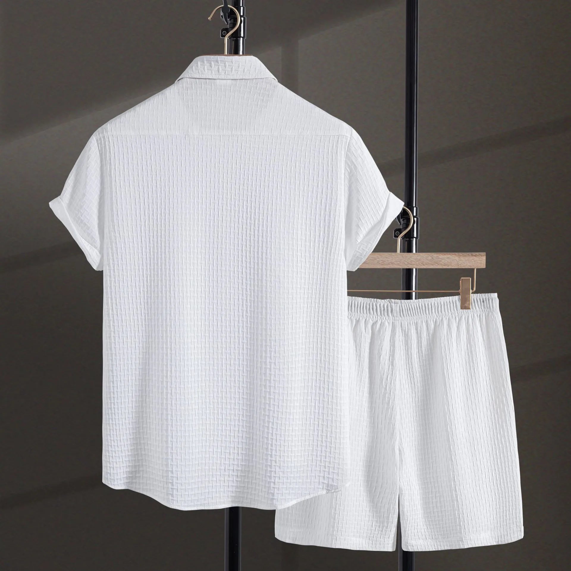 Men's casual short sleeve flower shirt and matching shorts in a white or black cotton blend set.